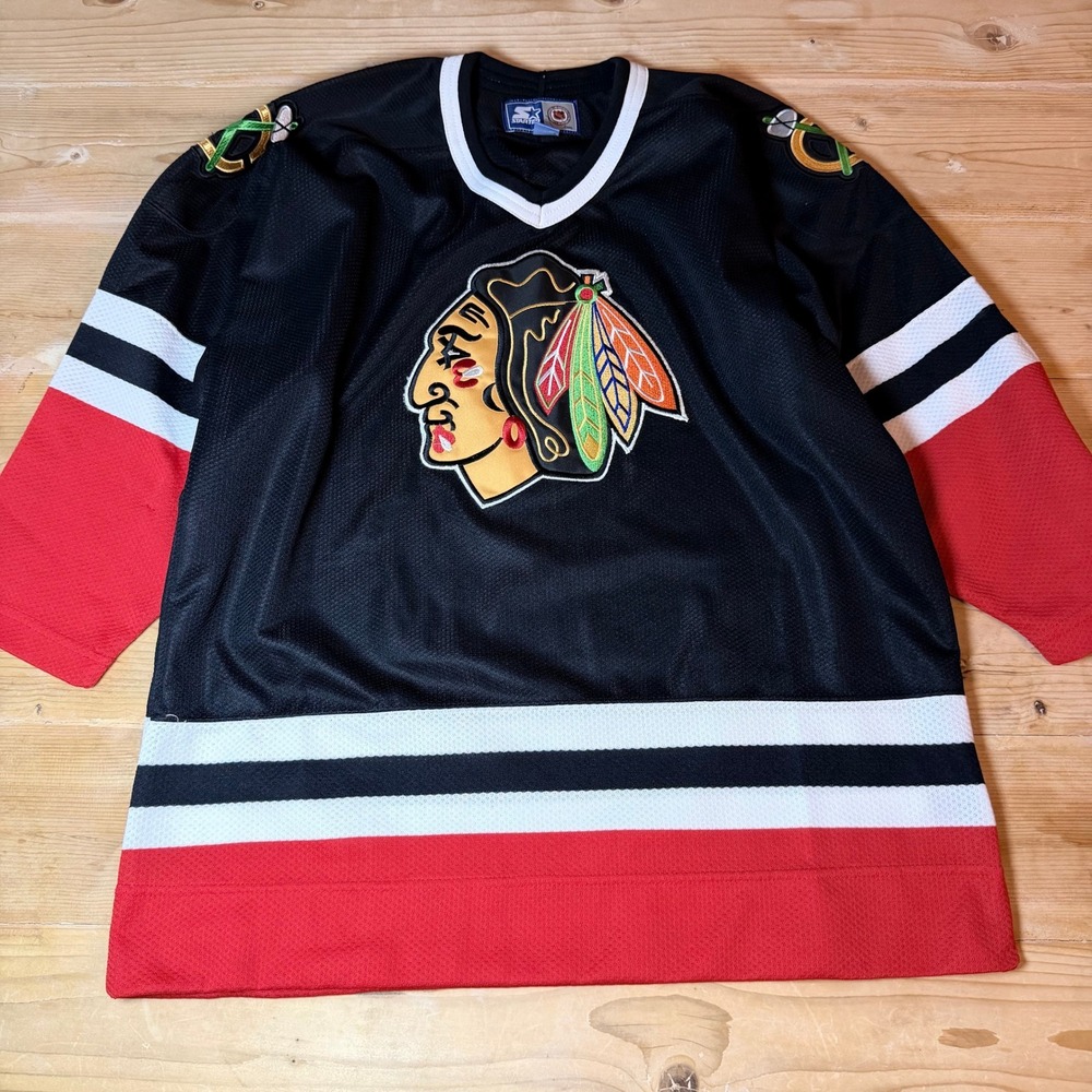 Starter Chicago Blackhawks NHL Jersey Kids L/XL Black Vintage Hockey Mesh Logo